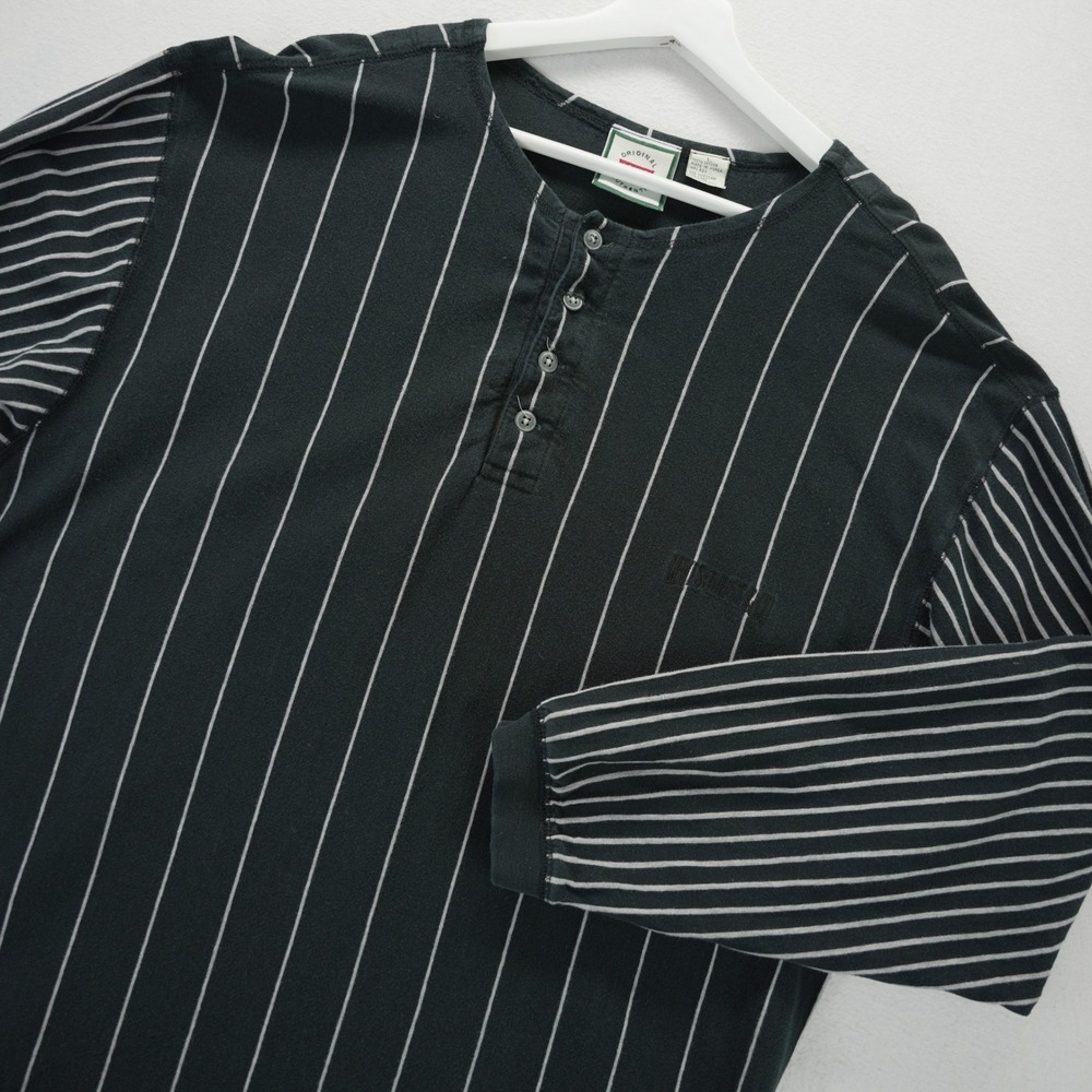 Levis Strauss Mens Black Striped Long Sleeve Henley Shirt L Cotton Korea Vintage